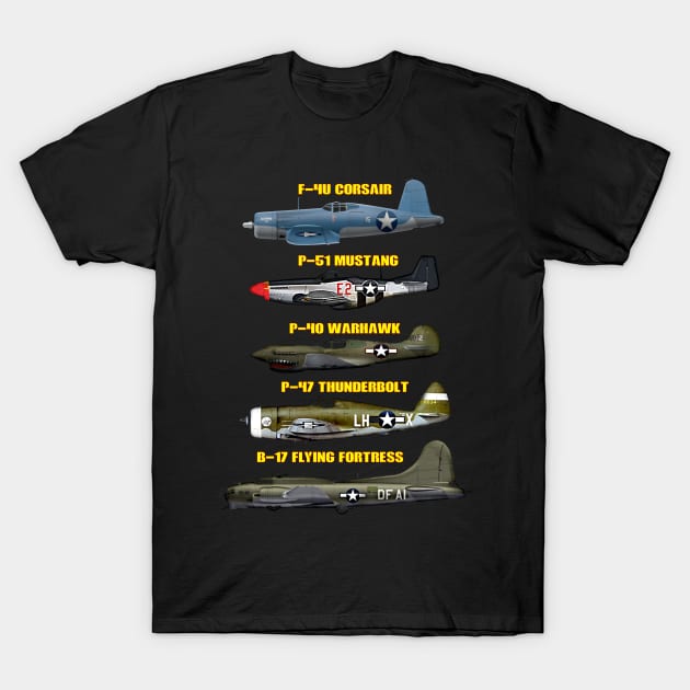 WW2 Warplane Warbirds B-17 P51 Mustang F4U Corsair T-Shirt by F&L Design Co.